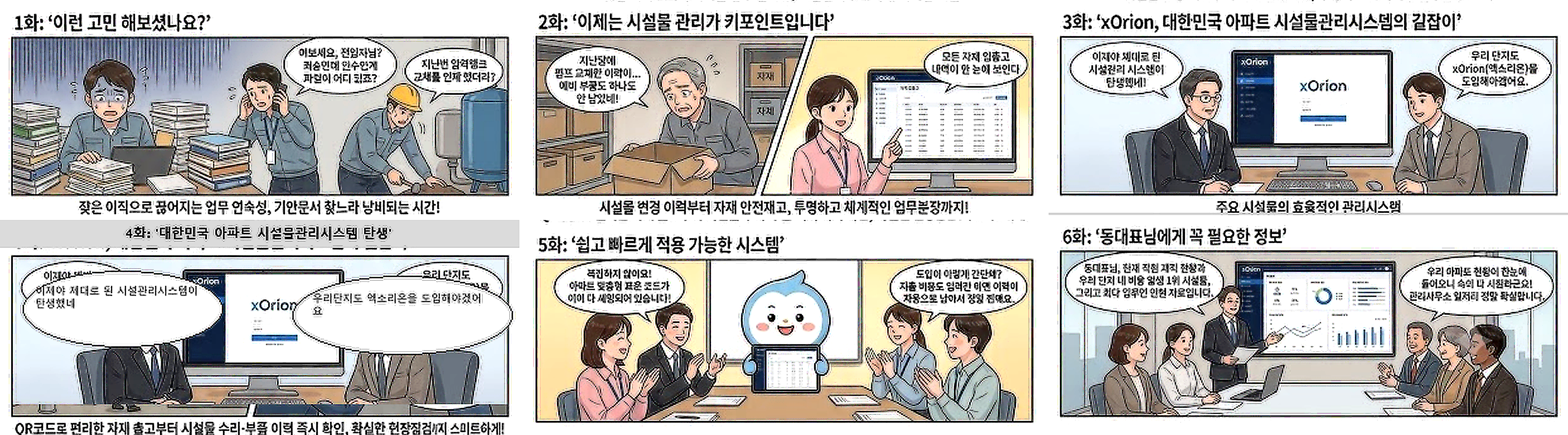 시설물관리 웹툰 6화 — 업무 연속성·시설물 이력·xOrion 도입·QR 현장점검·빠른 적용·동대표 보고까지 위 3컷·아래 3컷(2×3) 구성