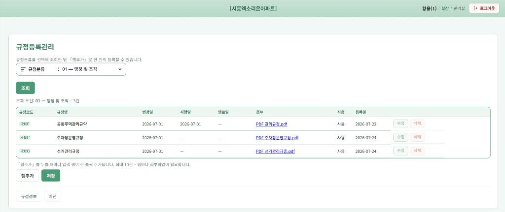 규정등록관리 — 분류 조회와 규약·규정 목록