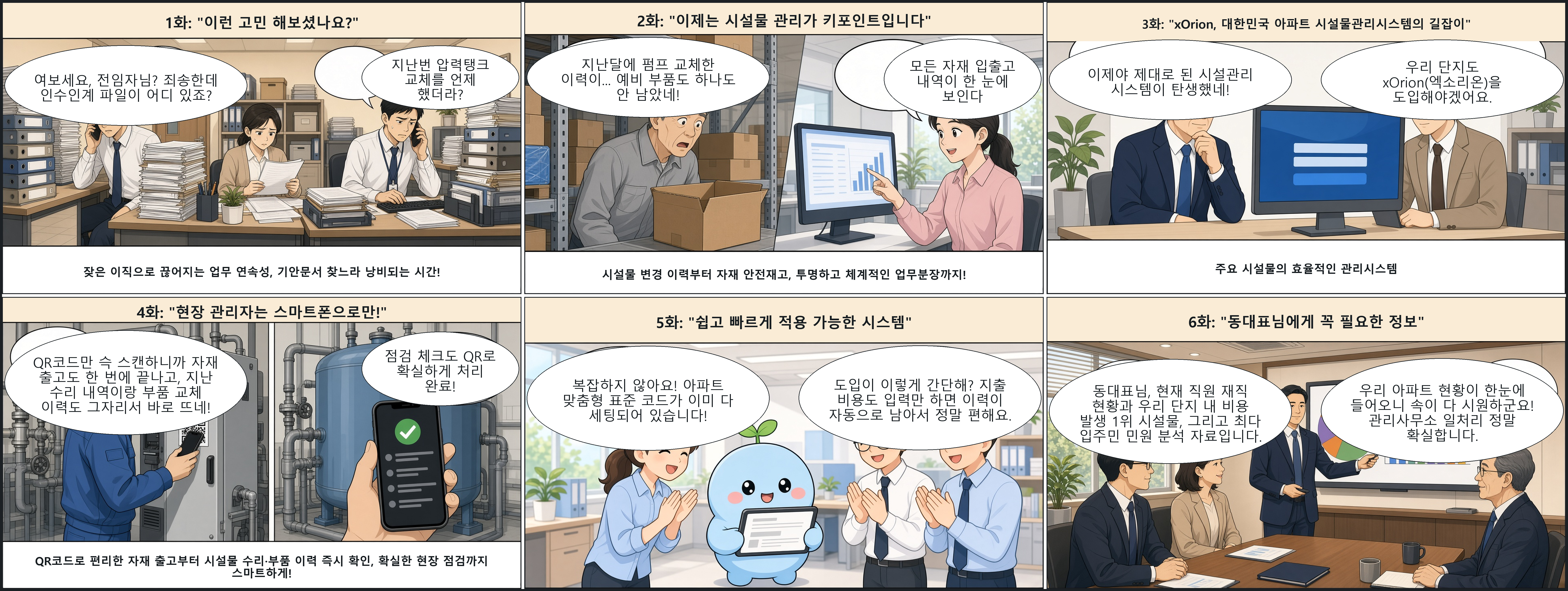 스마트한 아파트 관리 6컷 — 업무 연속성·시설물·xOrion·QR 현장·빠른 적용·동대표 보고